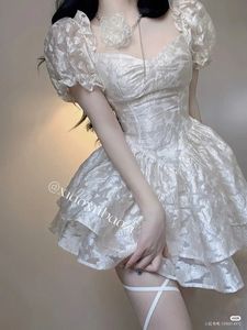 White Floral Jacquard Puff-Sleeve Mini pintresty D