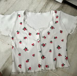 White Floral Print Button-Up Top