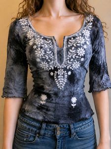 embroided grey tye dye kurti top
