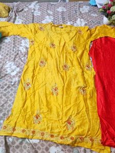 Embroidered Yellow Kurta with Red Salwar