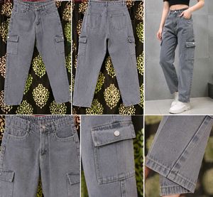 grey washed cargo denim jeans