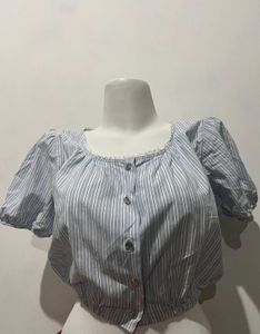 Blue Striped Puff Sleeve Crop Top