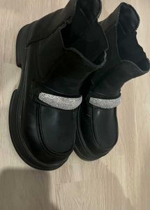 Chunky Black Boots with Rhinestone Detail