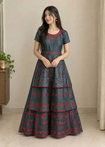 Elegant Grey Floral Tiered Gown