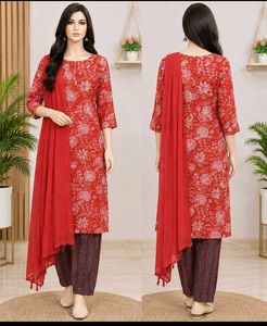 Vibrant Red Floral Kurti Set