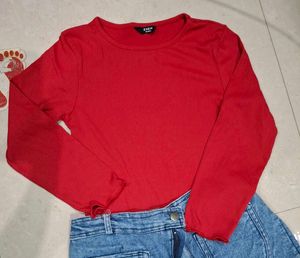 Red Ribbed Lettuce Hem Top