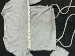 elegant Grey Ribbed Wrap Long Sleeve Top
