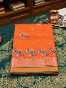 Vibrant Orange Saree with Peacock Motif