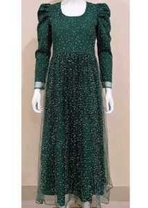 Dark Green Printed Long Dress with Puff Sleeves &