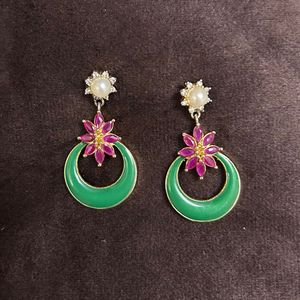 Green Hoop Earrings with Flower Detail