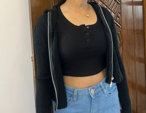 Black Ribbed Zip-Up Hoodie