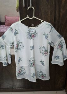 White Floral Print Bell Sleeve Top