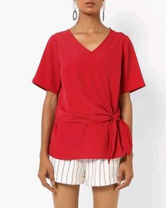 Stylish Red V-Neck Tie-Front Blouse | Versatile
