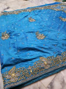 golden Dimond work light blue color Saree