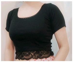 Black Cropped Lace Trim Top
