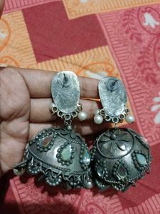 Oxidized Jhumka Earrings with Pearls