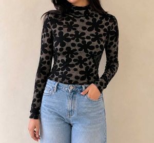 Black Floral Mock Neck Long Sleeve Top