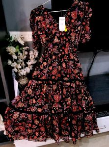 Quality Black&amp;Rust Orange Floral Print Tiered Midi