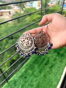 Designer Jhumka Earrings with Blue Beads