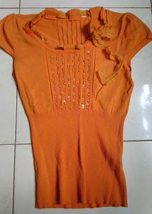 Orange Ribbed Knit Top with Bow Detail