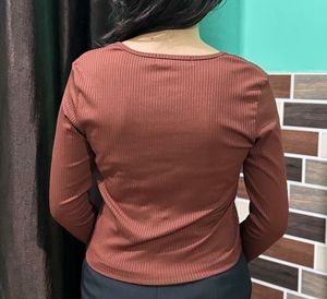 Coffee Brown Square Neck Long Sleeve Top