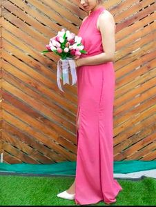 Elegant Pink Halter Neck Gown