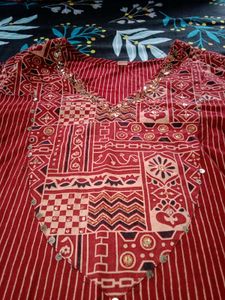 Red Striped Kurta with Neck Embroidery