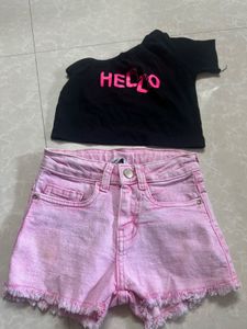 Cute Hello Graphic Tee & Pink Denim Shorts Set
