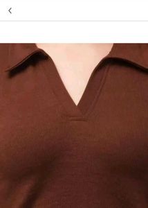 Brown Collared V-Neck Long Sleeve Top
