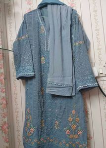 Designer Grey  Kurta with Straight Pants &amp; Plain D