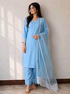 Sky Blue Kurta Set with White Lace