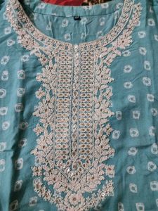 Teal Printed Kurti with Embroidery