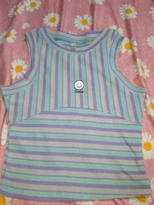 Striped Sleeveless Top with Smile Graphic