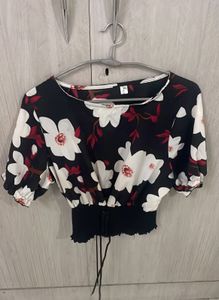 Floral Print Crop Top with Lace-up Detail