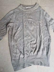 Elegant Gray Pearl Embellished Knit Sweater