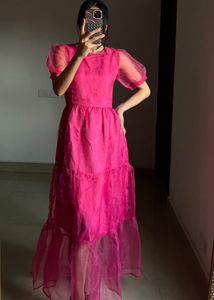 Fuchsia Pink Tiered Puff Sleeves Midi Dress