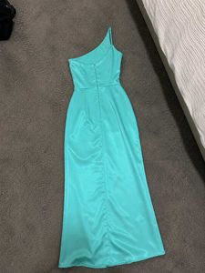 Elegant One Shoulder Teal Satin Gown