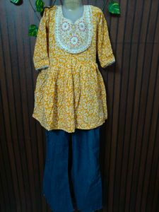 Yellow Printed Kurta with Blue Palazzos jens