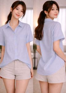 Light Blue Short Sleeve Button-Up Top
