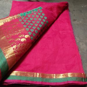 Pink &amp; Green Embroidered Sari💚