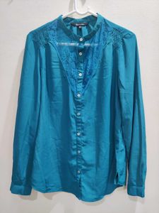 Teal Lace Detail Button-Up Blouse