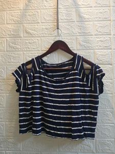 Navy Striped Cold Shoulder Top