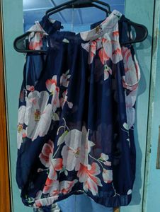 Floral Sleeveless Navy Blue Top