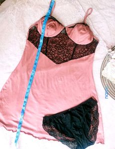 Peach Lace Trim Night Dress &amp; Panty Set