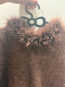 Brown Knit Top Fur Trim