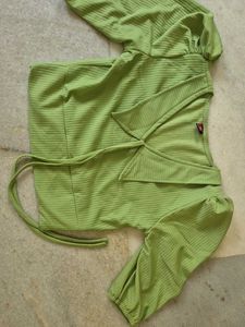 Ribbed Green Puff Sleeve Top