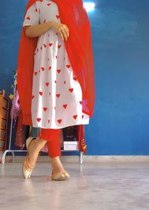 White frock Set with Red Hearts duppta trouser