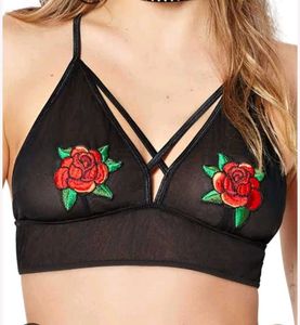 Black Embroidered Rose Bikini Top