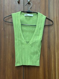 Zara Lime Green Ribbed V-Neck Sleeveless Top