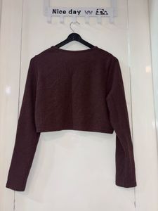 Brown Ribbed Tie-Front Cropped Cardigan